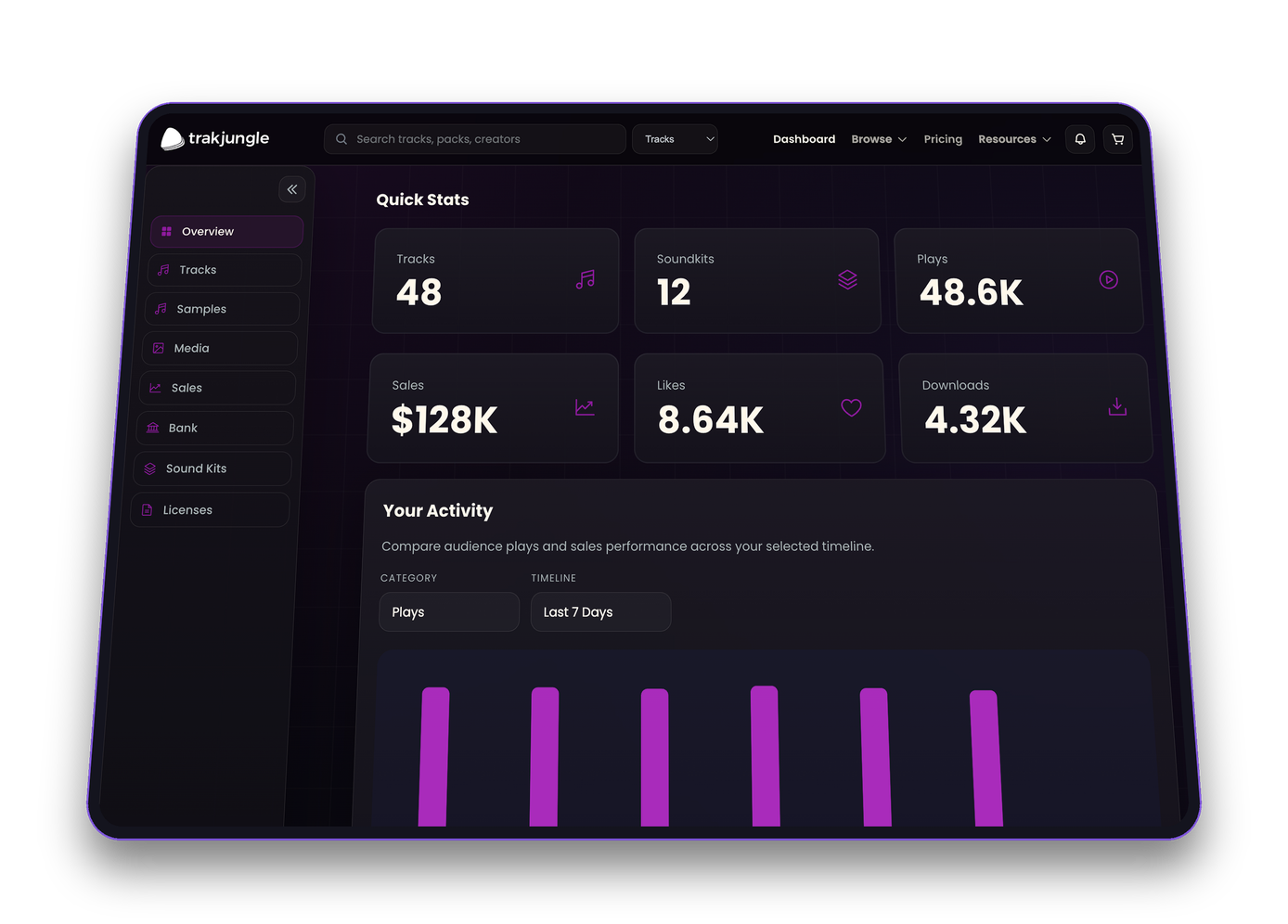 Trakjungle producer dashboard showing catalog, sales, plays, likes and download statistics
