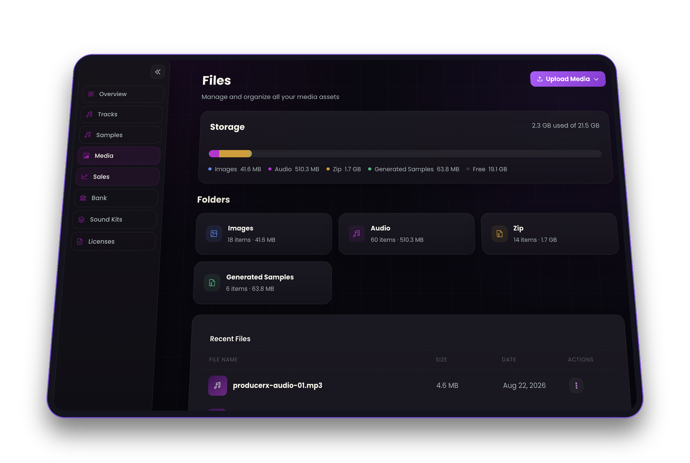Trakjungle file manager showing storage, media folders and recent files